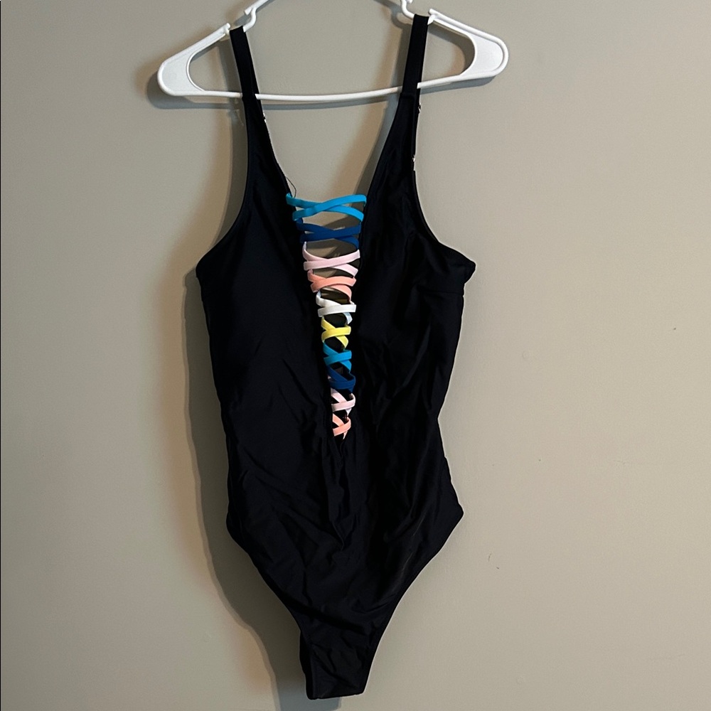 Black One-Piece Swimsuit with Colorful Lace-Up